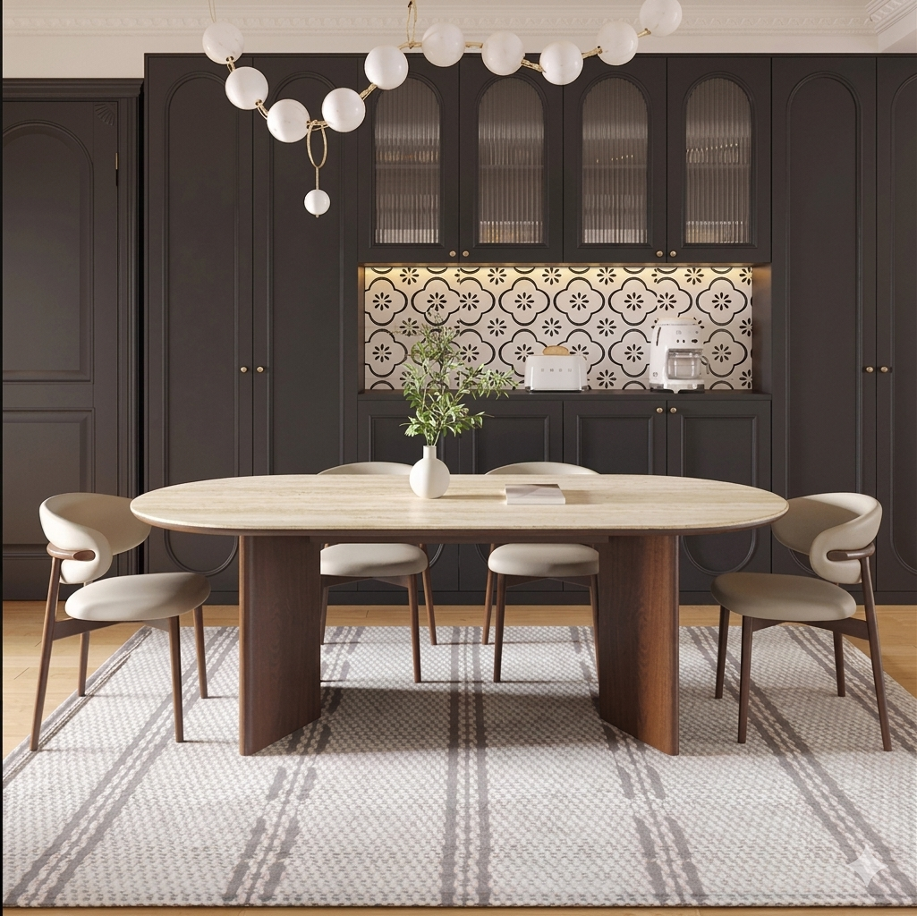 Détail du piètement bois finition noyer de la table à manger Casa Vanta
