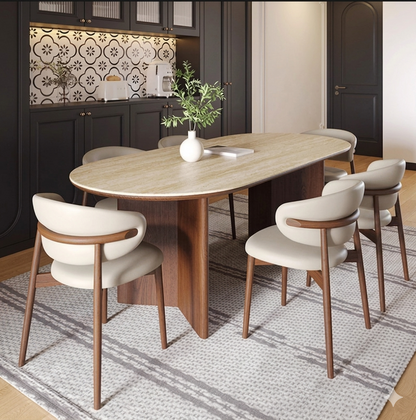 Table à manger Casa Vanta plateau effet pierre beige et pied bois noyer foncé